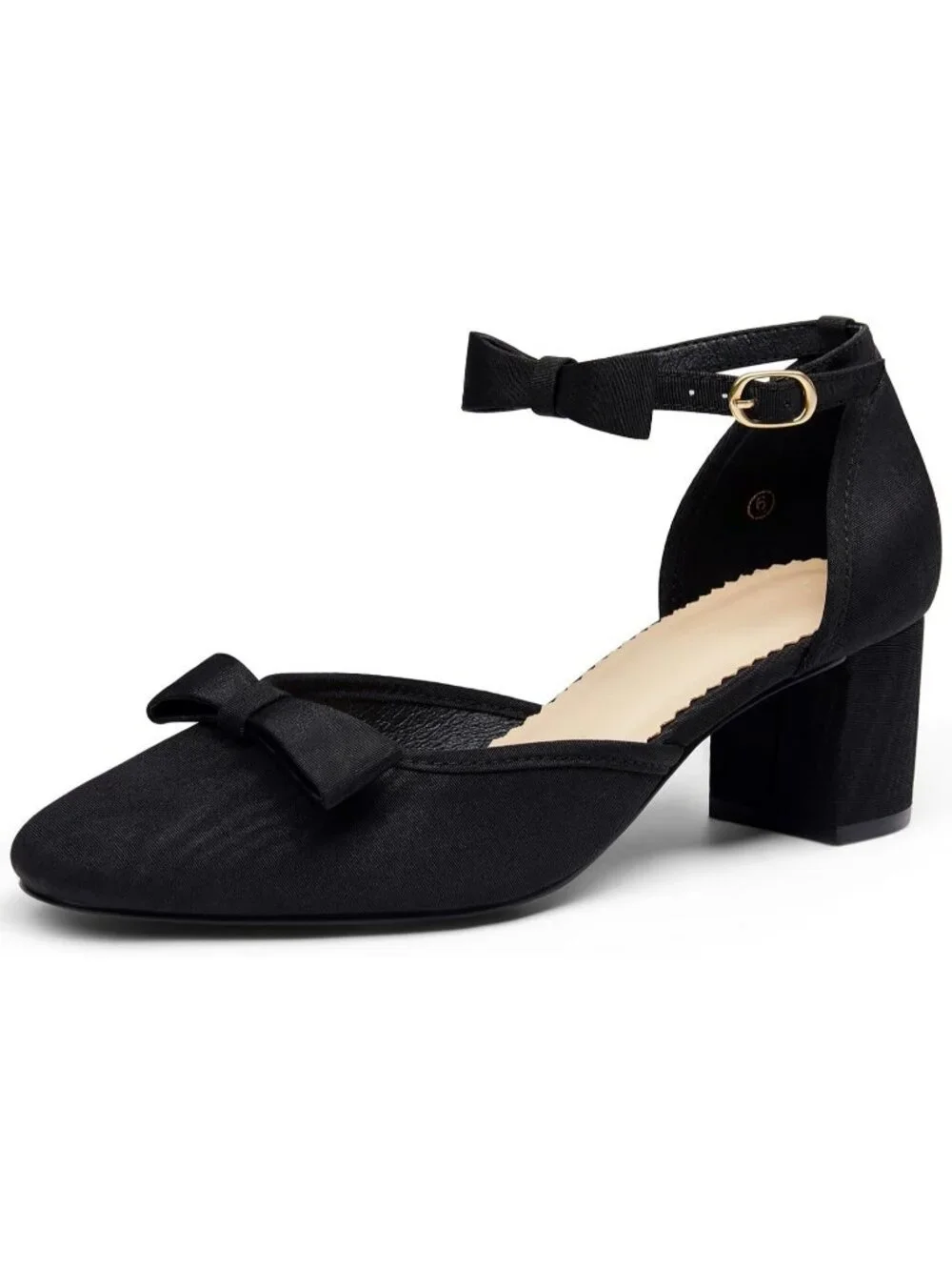 Women's Cool Black Chunky Low Heels Bow Closed Toe Ankle Strap Elegant Pumps